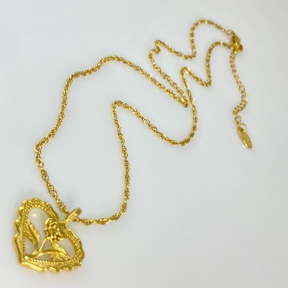 Rose Flower Heart Pendant on Stainless Steel Twisted Singapore Chain Necklace - Picture 4 of 11